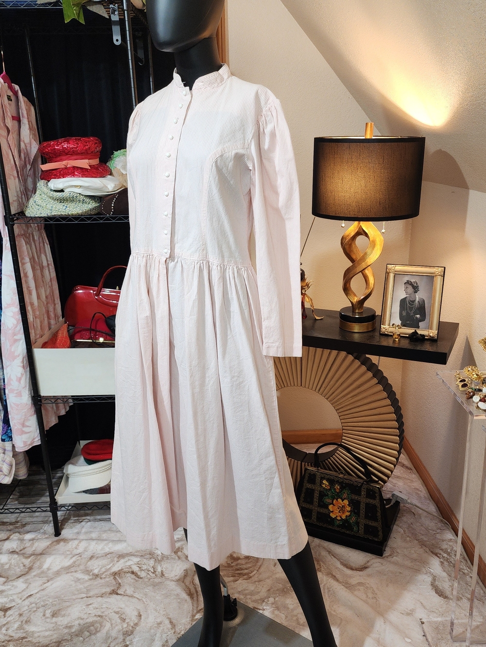 Vintage 80s Lanz Originals Pink Cotton Prairie Midi Dress Cottagecore Made in US
